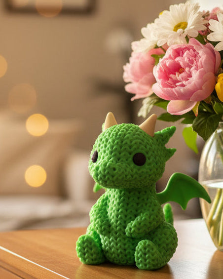 Close-up of a knitted dragon figurine with crochet-texture surface, shown against a light background