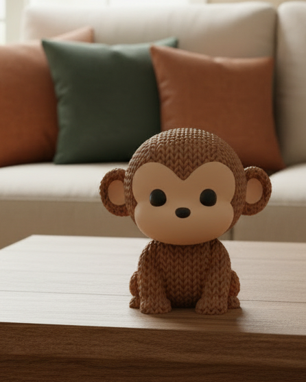 Close-up of a knitted monkey figurine with a detailed crochet-look texture, shown on a light surface
