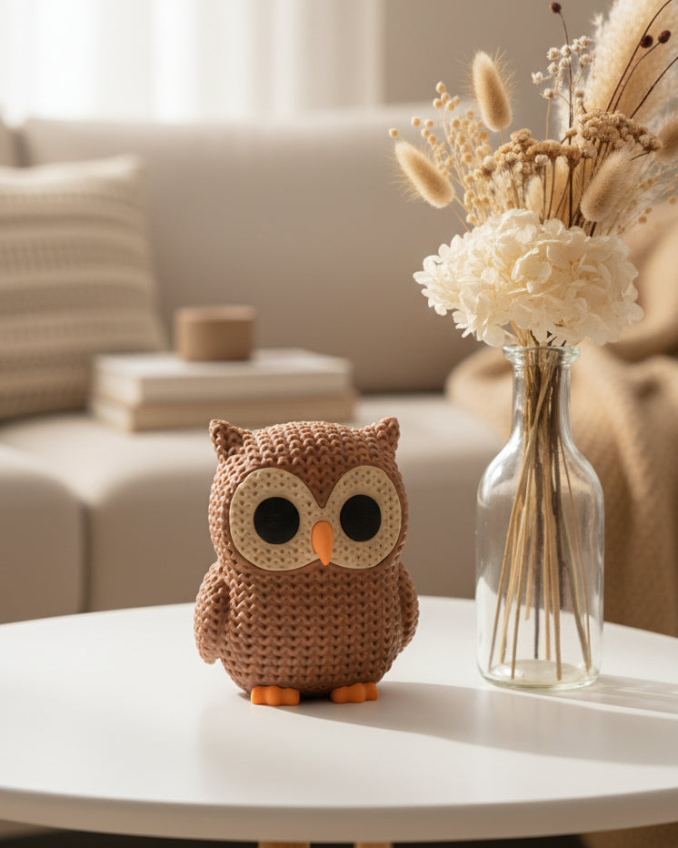 Close-up of a knitted owl decoration with a soft crochet-look texture, shown in warm terracotta colour