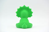 Close-up of a knitted triceratops figurine with textured crochet surface and three horns, 49 DKK