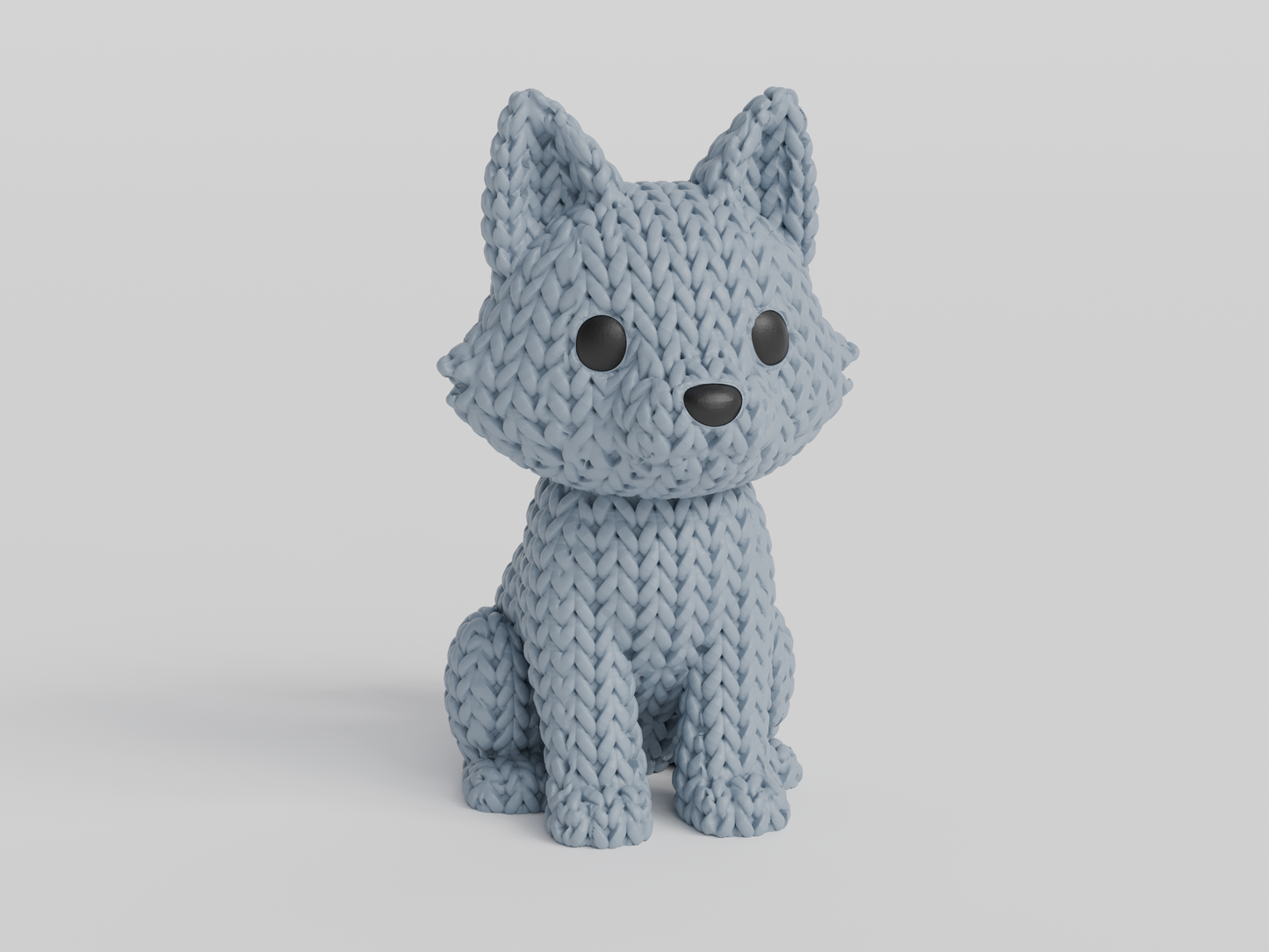 Close-up of a knitted wolf figurine showing crochet-textured surface in warm grey tones, approx 10 cm tall