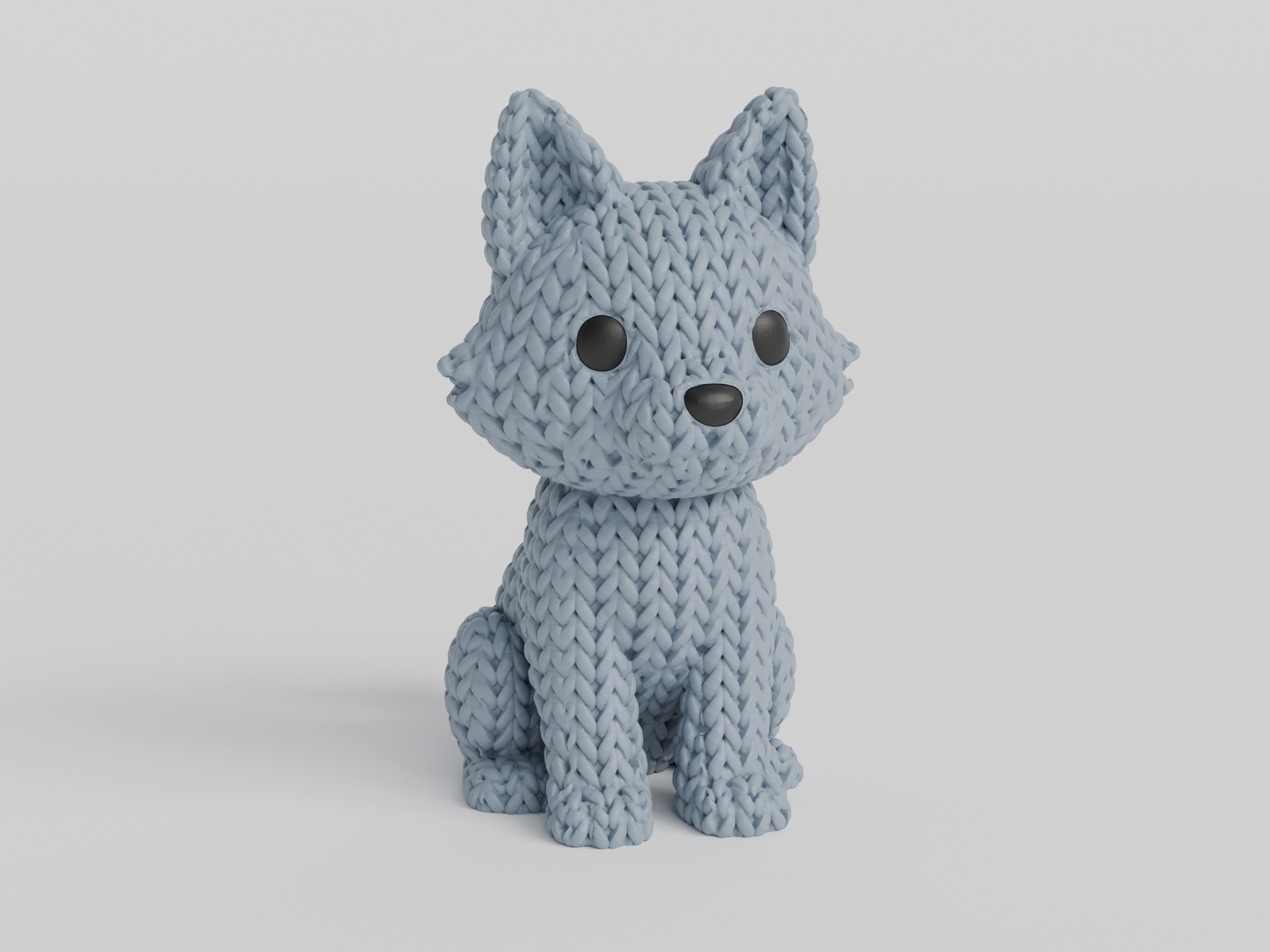 Close-up of a knitted wolf figurine showing crochet-textured surface in warm grey tones, approx 10 cm tall