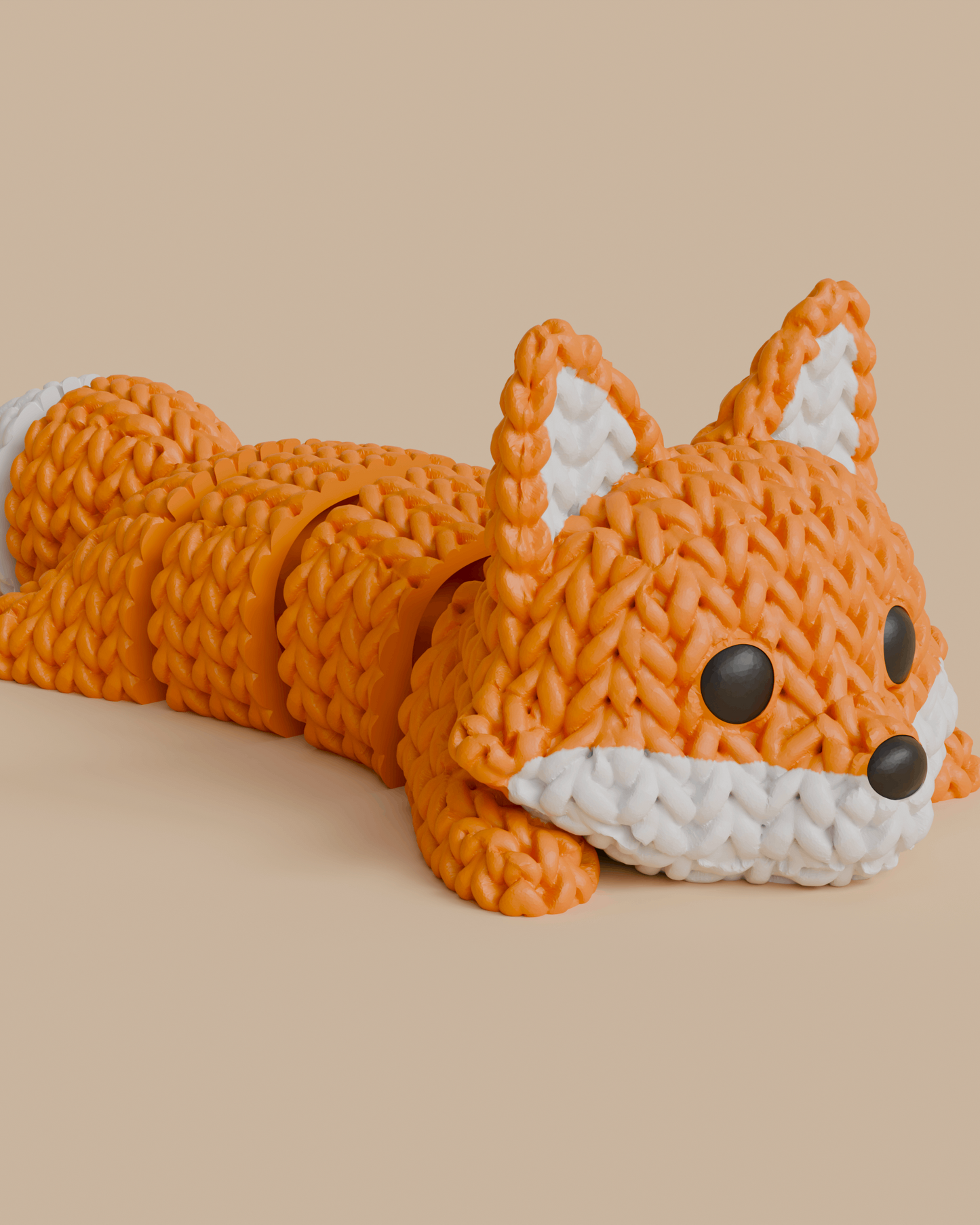 Close-up of the woven texture on a knitted articulated fox, showing the soft looped surface detail on its back segments