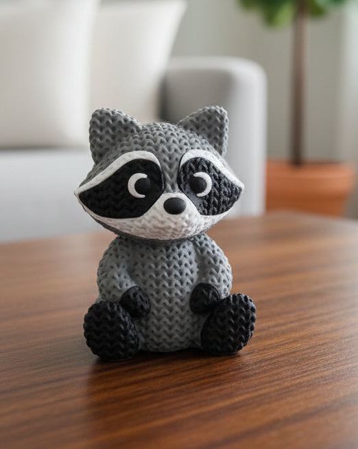 Close-up of a knitted raccoon figurine with a detailed crochet-look texture, shown against a white background
