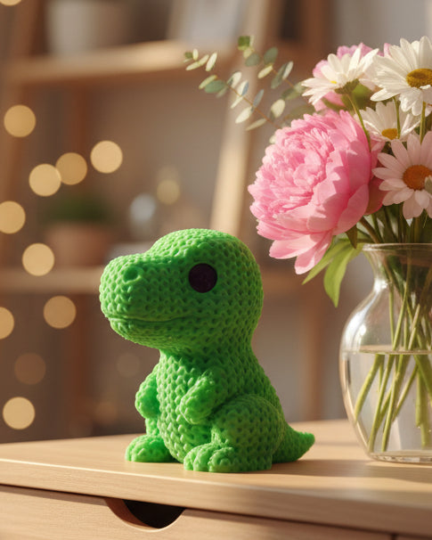 Knitted T-Rex dinosaur decoration sitting on a wooden shelf next to books and a small plant in a calm Scandinavian interior