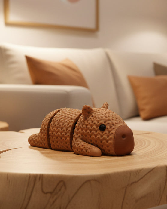 Close-up of a knitted capybara figurine with a soft crochet-like texture and articulated legs, shown on a white surface