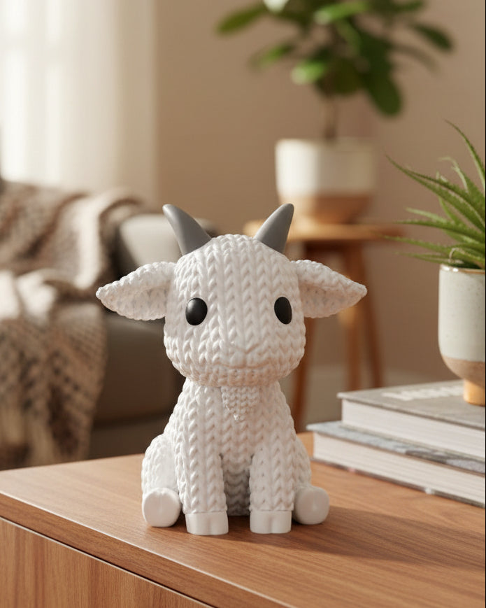 Close-up of a knitted goat decoration with a soft crochet-look texture, shown on a white surface