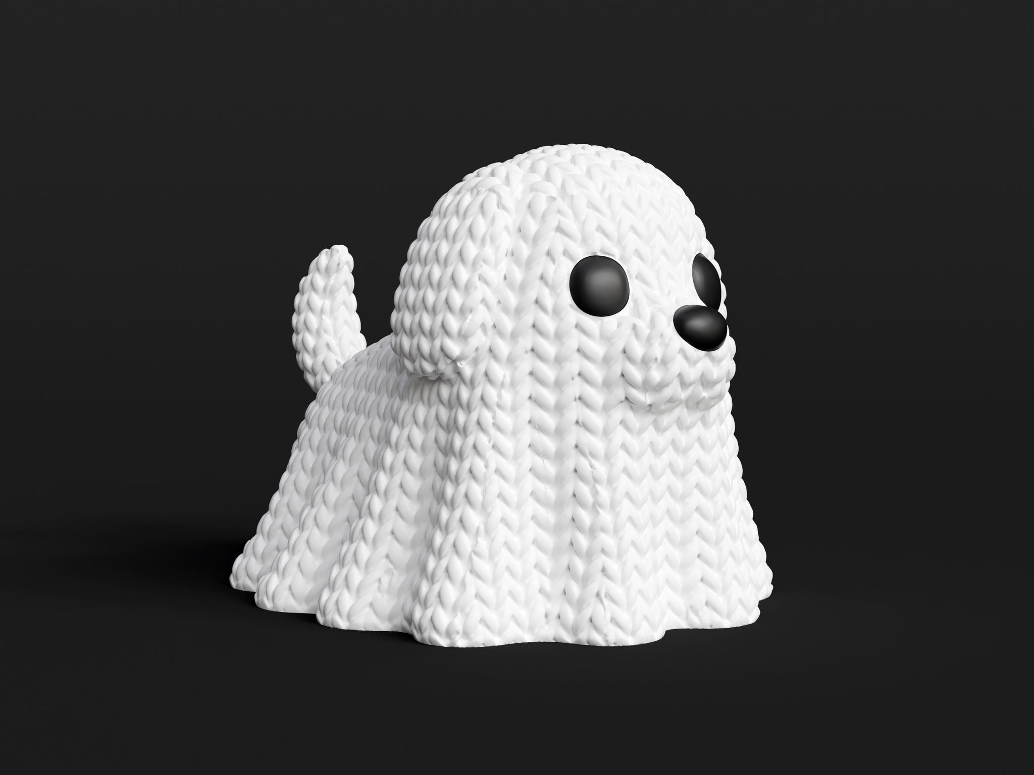 Texture detail of the knitted dog ghost showing looping crochet-style surface pattern on the ghost figure