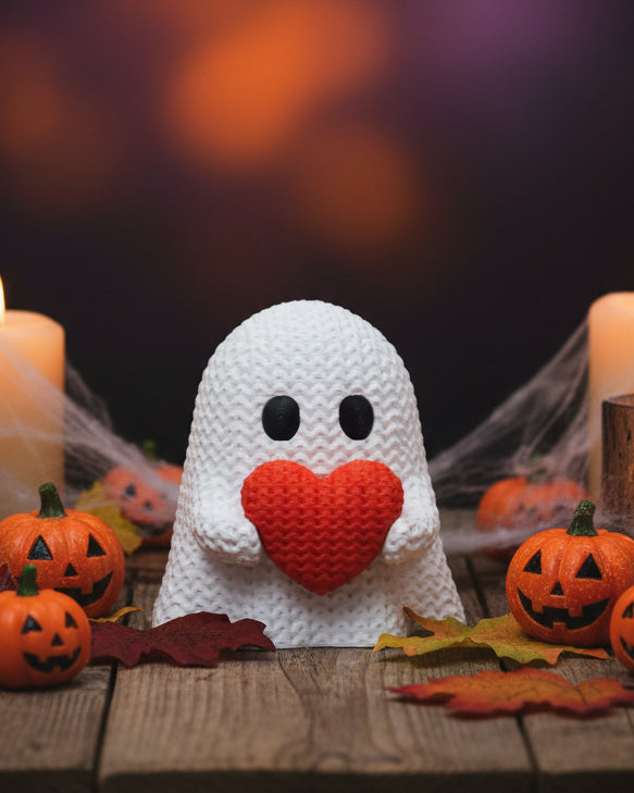 Close-up of a knitted ghost decoration with a heart detail, soft crochet texture in white and red, 49 DKK