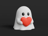 Texture detail of a knitted ghost figure showing the raised crochet weave pattern across the surface