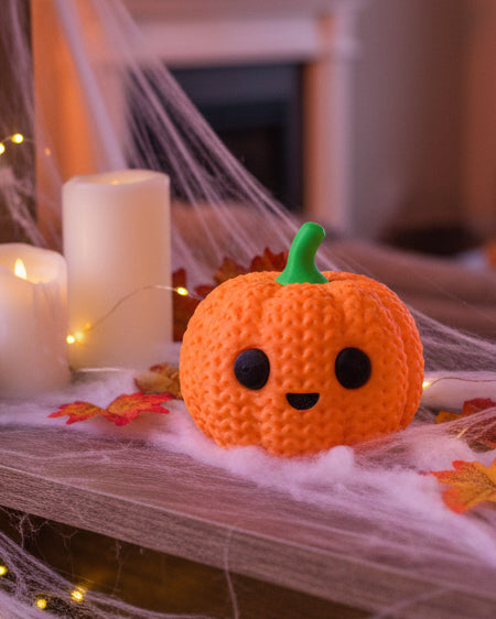 Close-up of a crochet pumpkin decoration with ribbed knitted texture and small stem, shot on white surface
