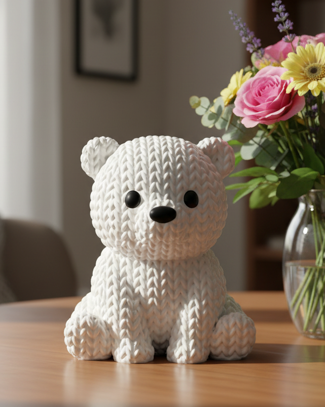 Close-up of a small knitted polar bear figure with a soft woven texture, white tones, decorative home ornament