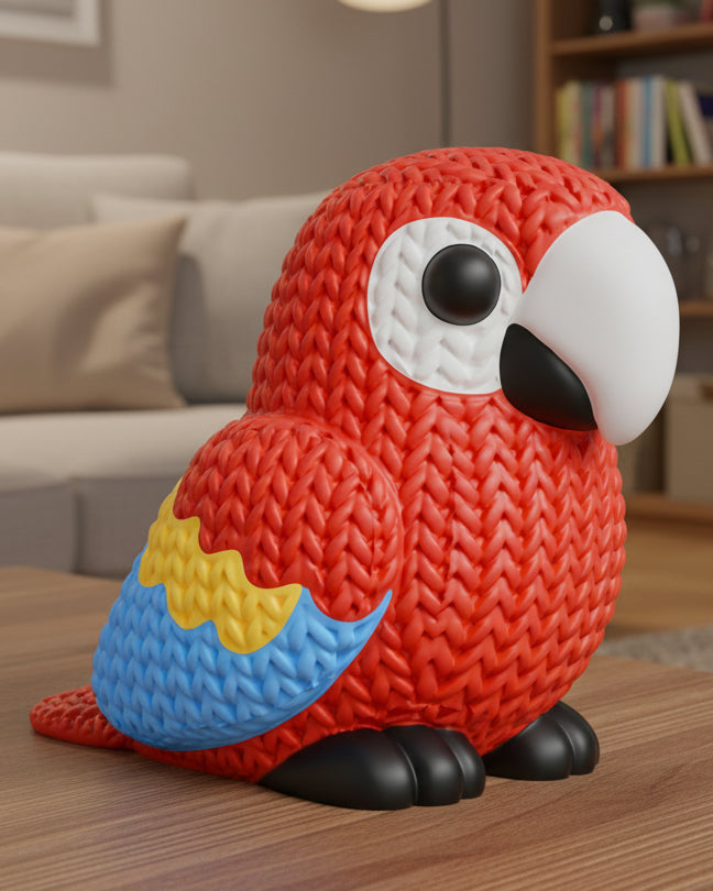 Close-up of a knitted scarlet macaw parrot figurine with textured red, blue and yellow surface detail