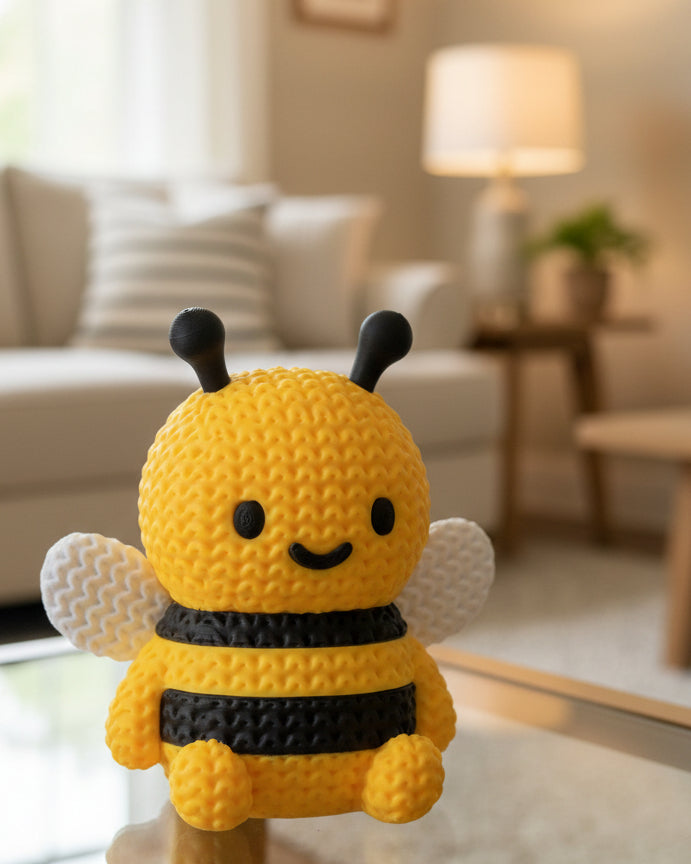 Close-up of a knitted bee decoration with a soft crochet-look texture and small detailed wings