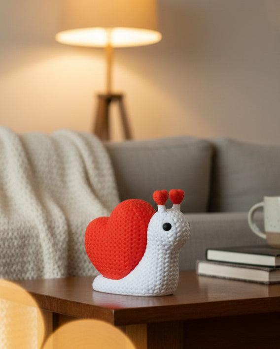 Close-up of a knitted snail decoration with textured crochet-look shell and heart detail, 49 DKK