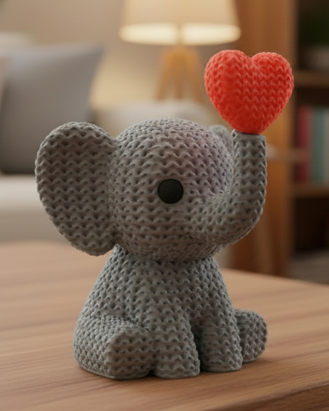 Close-up of a knitted elephant decoration blowing a heart, showing soft crochet-textured surface in warm grey