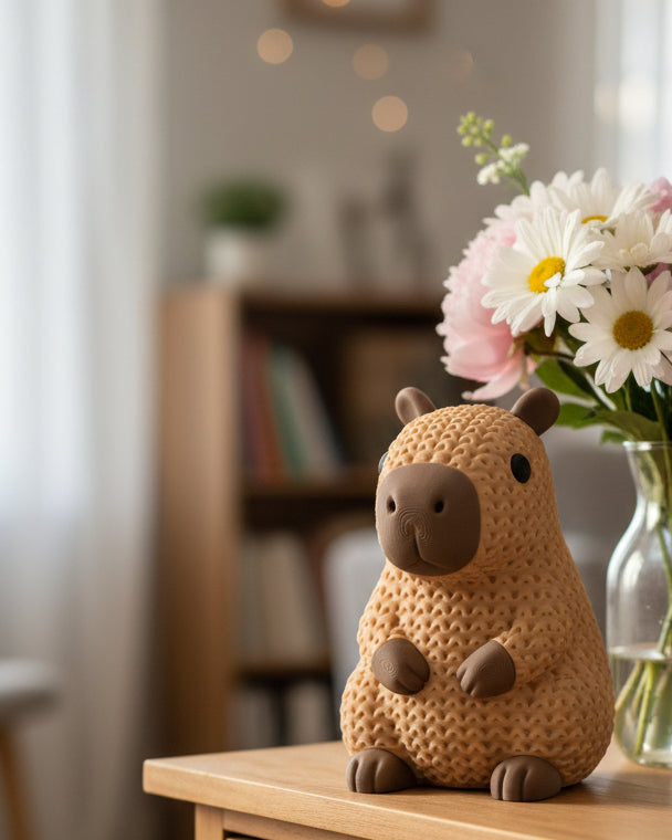 Close-up of a knitted capybara figure with soft crochet texture in warm brown tones, on a white surface