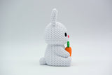 Close-up of a knitted bunny with carrot decoration showing soft looped texture and cream tones