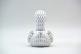 Detail shot of the woven surface texture on a knitted swan figurine, showing the stitch-like pattern