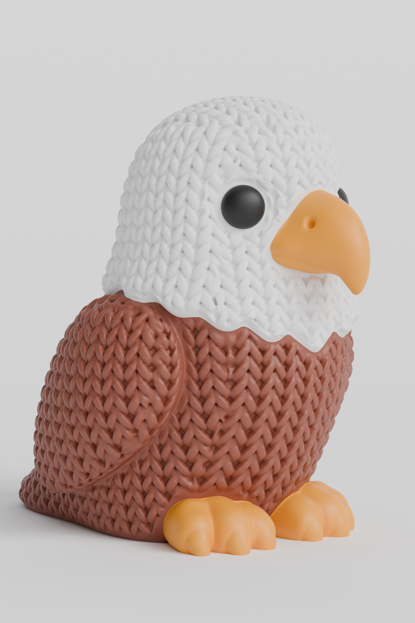 A knitted eagle decorative figurine styled on a wooden shelf beside books and a small plant in a Scandinavian living room