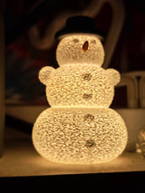 Schneemann mit Hut und Nase über einem LED-Teelicht